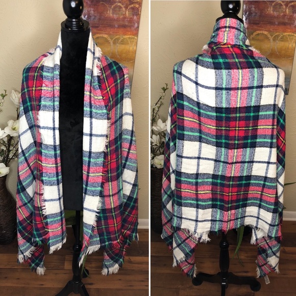Old Navy Plaid Blanket Wrap Oversized Scarf Green Pink Blue - Picture 2 of 11